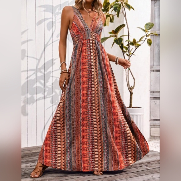 New Boho Tribal Print Tie Back Maxi Dress Red Orange Black - Picture 6 of 8
